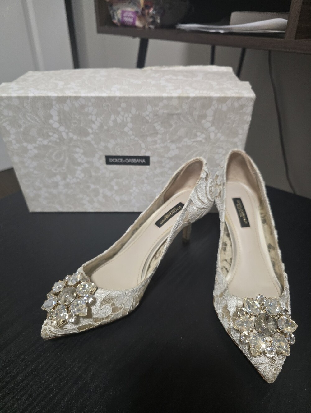 Dolce & Gabbana Women's Ivory Lace Pointed Toe Heels with Crystal Brooch